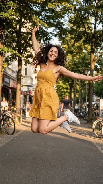 Woman in a yellow sundress jumping on a sunny city sidewalk