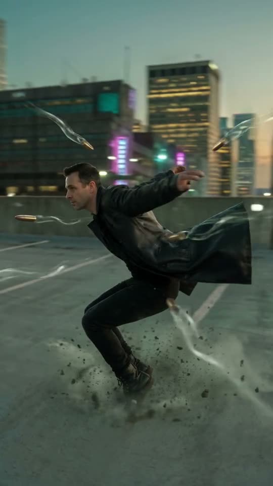 Man in a long black coat frozen mid-dodge with bullets hanging in the air around him, in a green tint