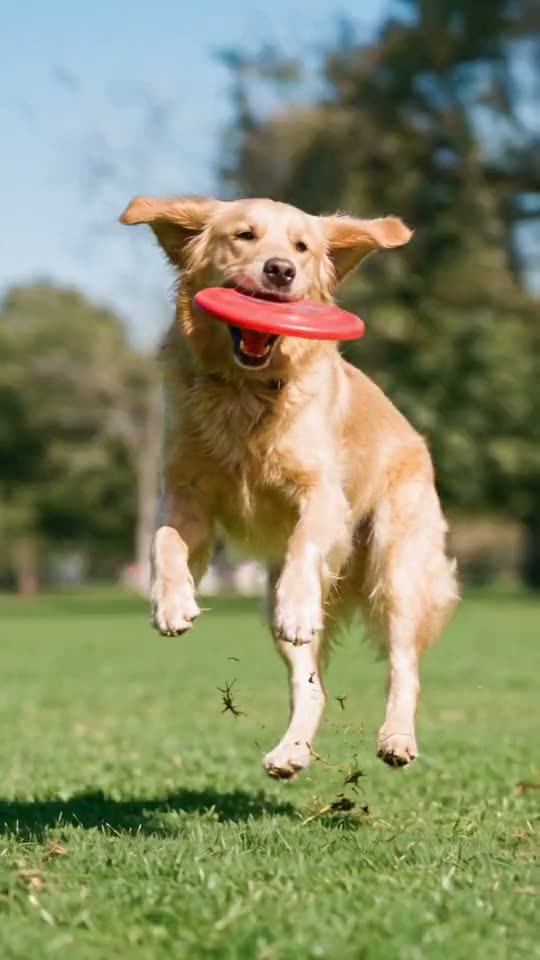 Golden retriever frozen mid-leap with a red disc in its mouth