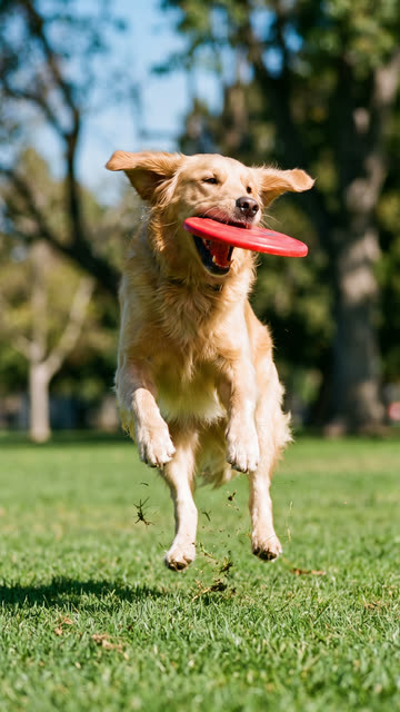 Golden retriever leaping to catch a red disc in a park