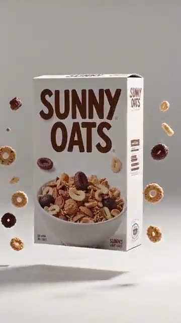 Cereal box frozen mid-air with pieces of cereal hanging around it
