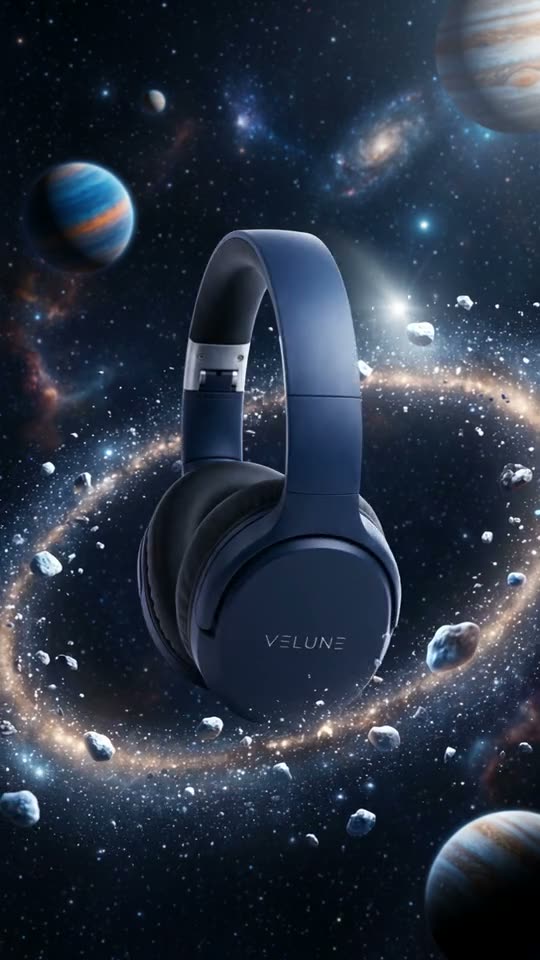 Navy headphones frozen among planets, a ring of stardust and small asteroids