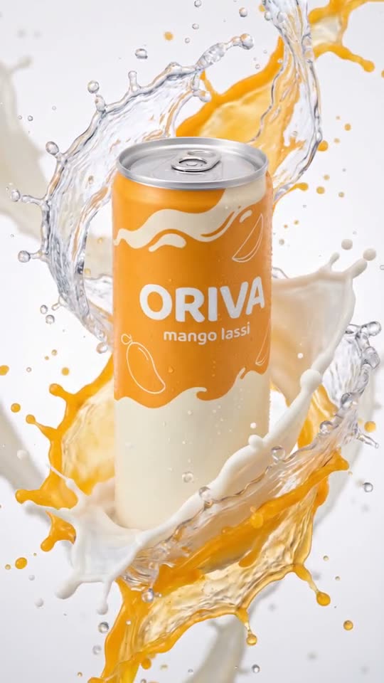 Can of mango lassi frozen inside a swirl of water, juice and milk